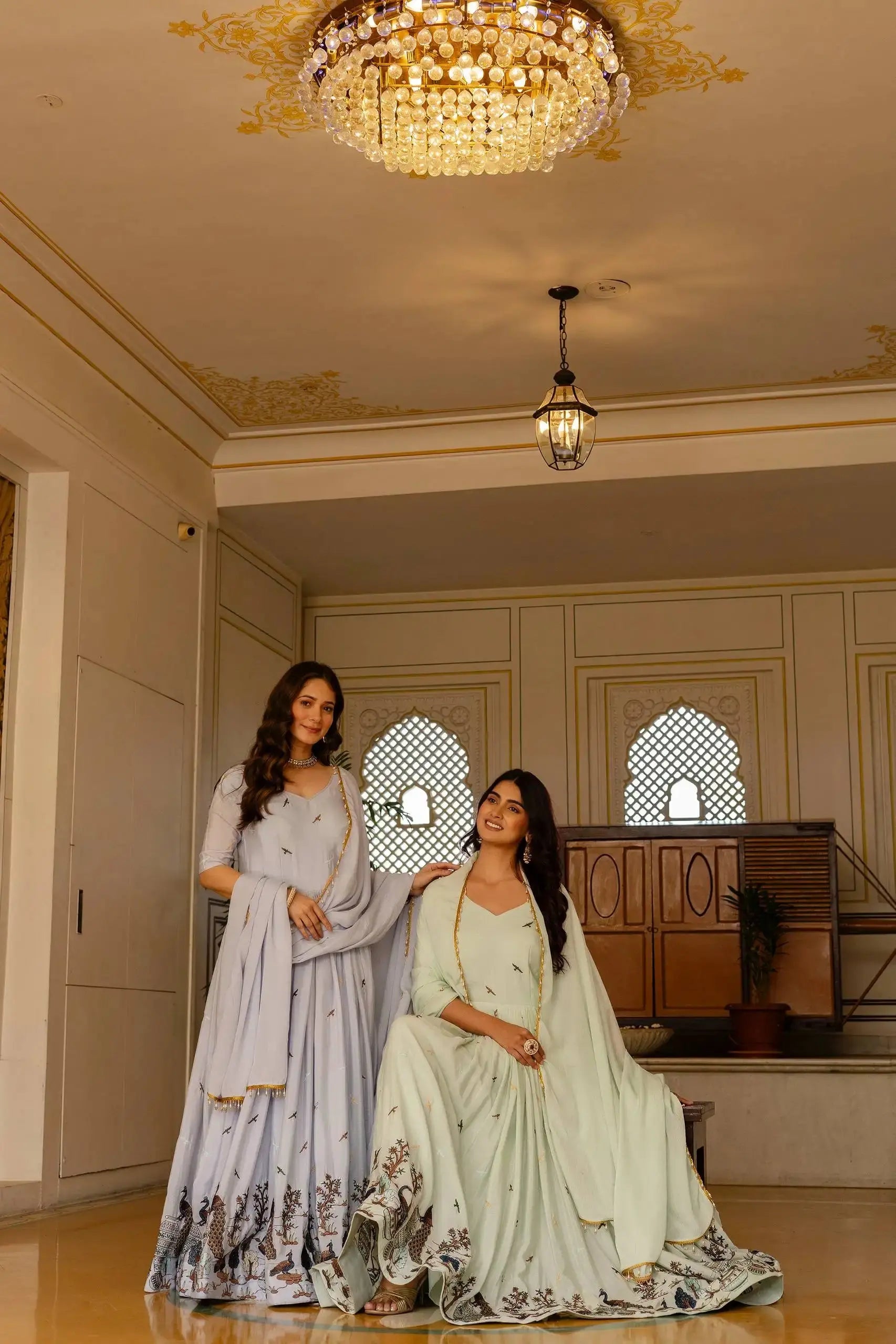 Powder Blue Embroidered Suit – Anarkali Cut with Peacock Border